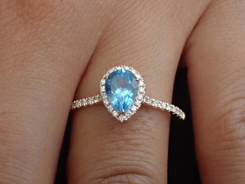 7x5mm Pear Cut Blue Topaz Engagement Ring, Diamond Halo Cathedral Set Engagement Ring, 14k Solid Gold Anniversary Ring