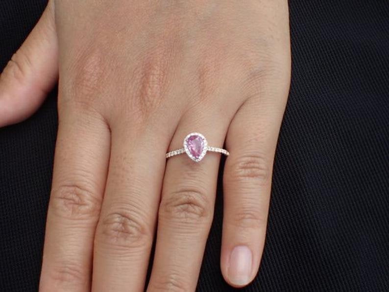 7x5mm Pear Cut Pink Sapphire Engagement Ring, Diamond Halo Cathedral Set Engagement Ring, 14k Solid Gold Anniversary Ring