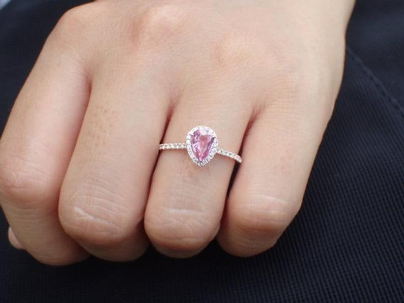 7x5mm Pear Cut Pink Sapphire Engagement Ring, Diamond Halo Cathedral Set Engagement Ring, 14k Solid Gold Anniversary Ring