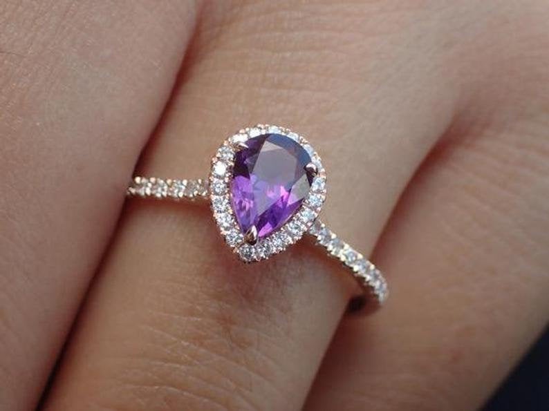 7x5mm Pear Cut Amethyst Engagement Ring, Diamond Halo Cathedral Set Engagement Ring, 14k Solid Gold Anniversary Ring
