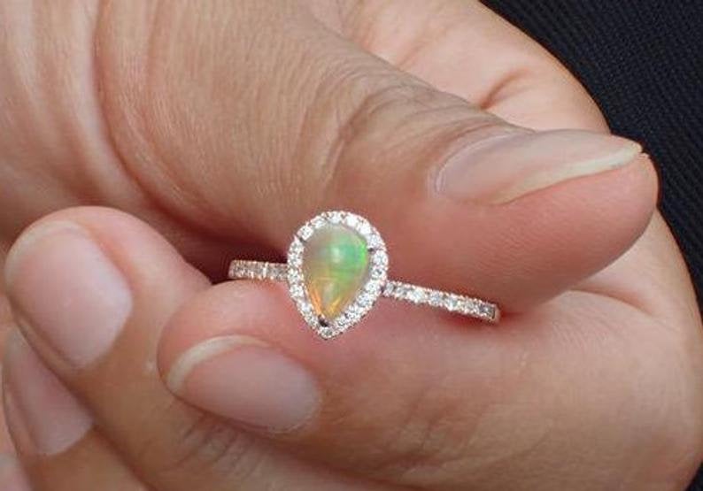 7x5mm Pear Cut Opal Engagement Ring, Diamond Halo Cathedral Set Engagement Ring, 14k Solid Gold Anniversary Ring 0.75ct