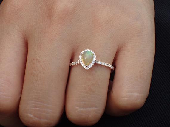 7x5mm Pear Cut Opal Engagement Ring, Diamond Halo Cathedral Set Engagement Ring, 14k Solid Gold Anniversary Ring 0.75ct