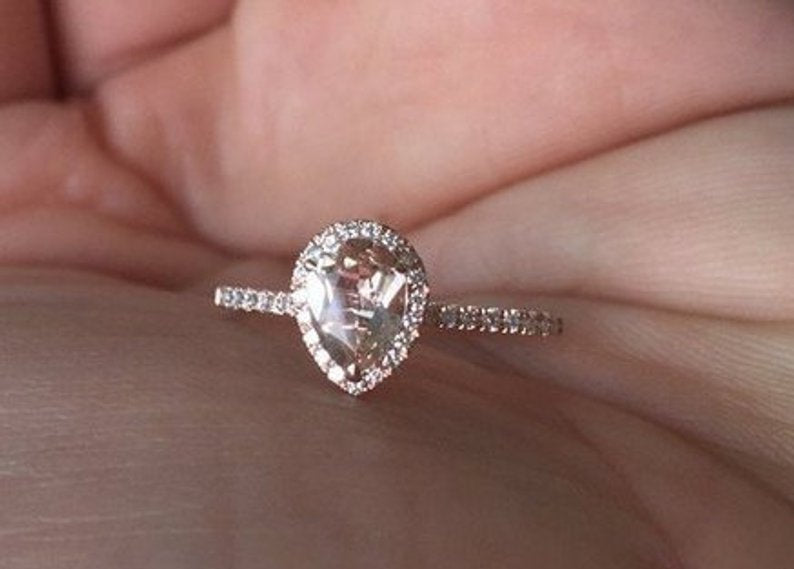 7x5mm Pear Cut Morganite Engagement Ring, Diamond Halo Cathedral Set Engagement Ring, 14k Solid Gold Anniversary Ring