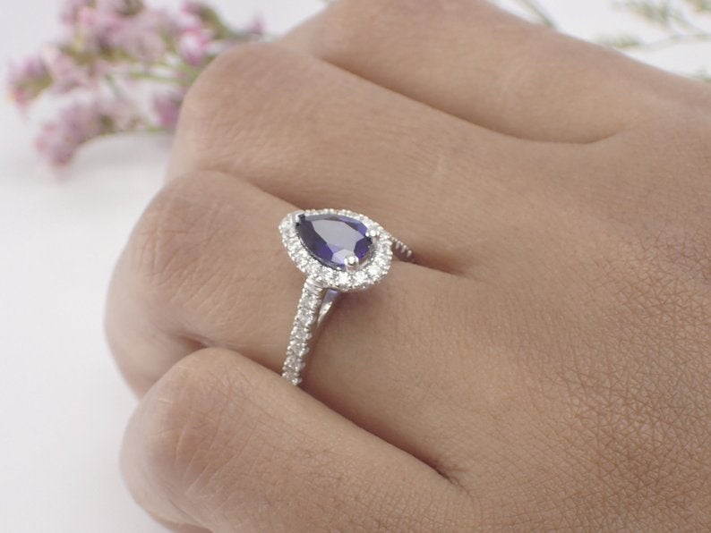 7x5mm Tear Drop Blue Sapphire Engagement Ring, Diamond Halo Cathedral Set Engagement Ring, 14k Solid Gold Anniversary Ring