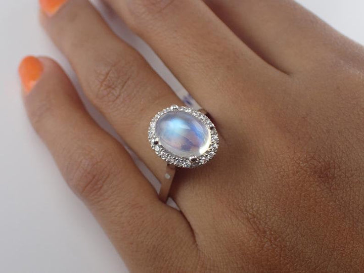 10x8mm Oval Cut Moonstone Engagement Ring, VS E-F Diamond Halo Engagement Ring, 14k Solid Gold 3ct Anniversary Ring