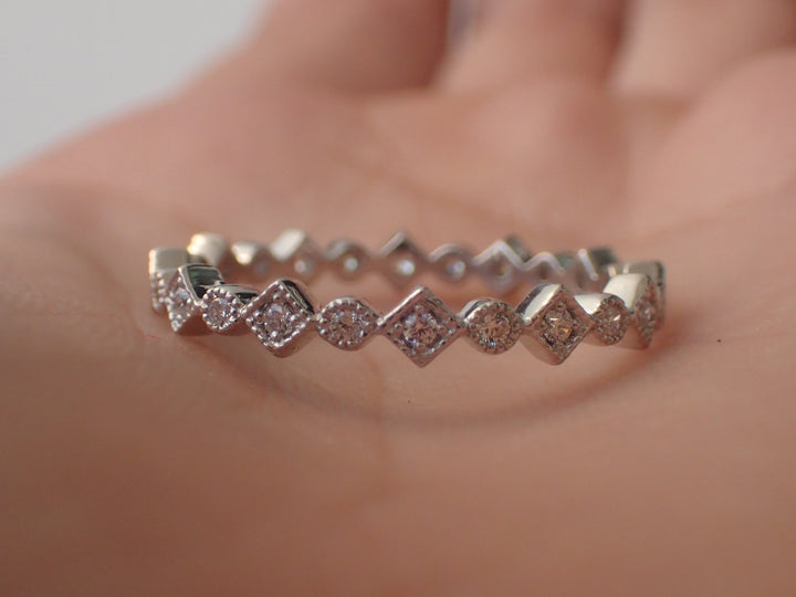14k Gold Art Deco Wedding Band, Square Dot Art Deco Half Eternity Band, Bridal Art Deco Band