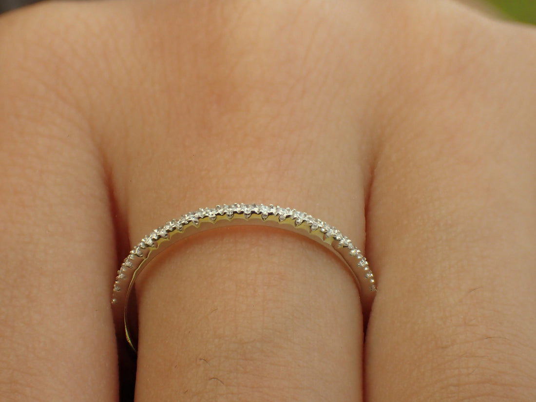 Moissanite Half Eternity Platinum Band - PT950 Stackable Moissanite Ring - Stacking Wedding Band - Delicate Pave Ring