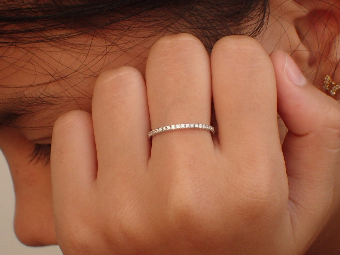 Micro Pave Setting Platinum Band, Half Eternity Ring, Delicate Diamond Wedding Band, Thin Dainty Band 1.5mm