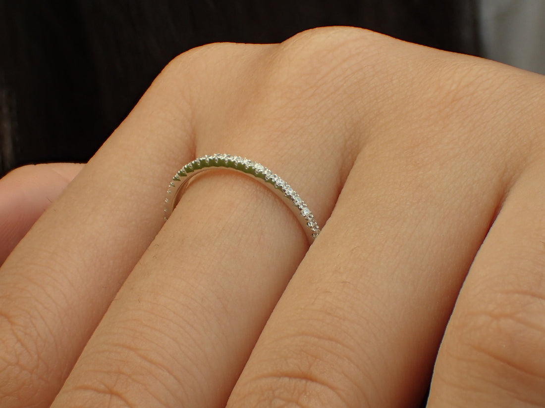 Micro Pave Diamond Wedding Band, Solid Gold Dainty Stackable Band, Half Eternity Ring, PT950 Thin Dainty Band