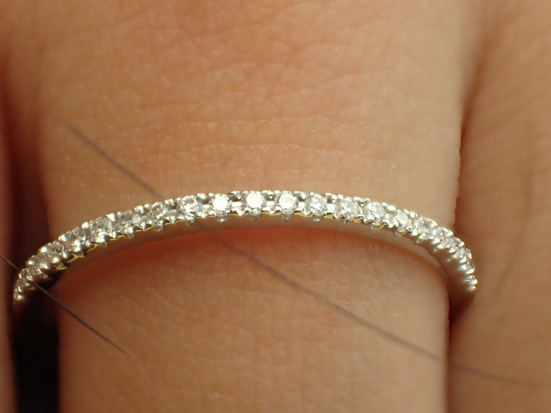 Micro Pave Diamond Wedding Band, Solid Gold Dainty Stackable Band, Half Eternity Ring, PT950 Thin Dainty Band