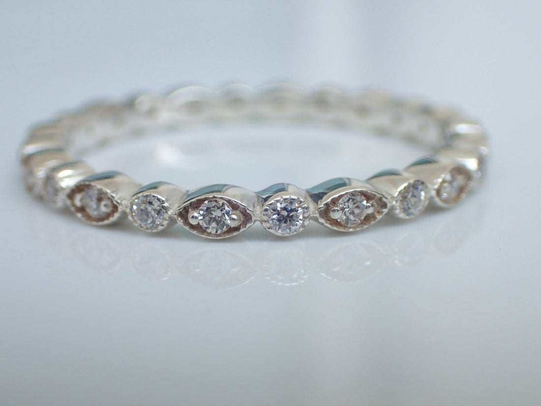 Marquise Art Deco Wedding Band, 14k Gold Moissanite Art Deco Band, Dot marquise Moissanite Stacking Ring