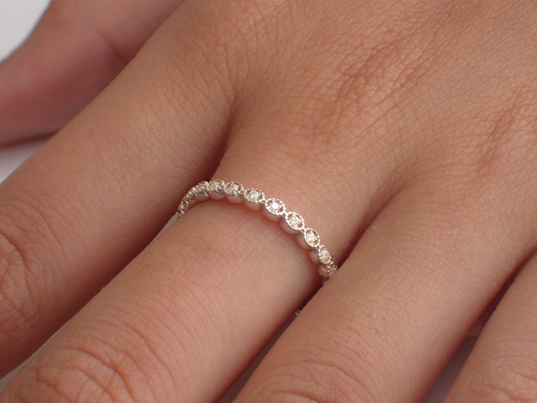 Art Deco Diamond Wedding Band, Solid Gold Full Eternity Band, Thin Dainty Band, Delicate Eye Stacking Band