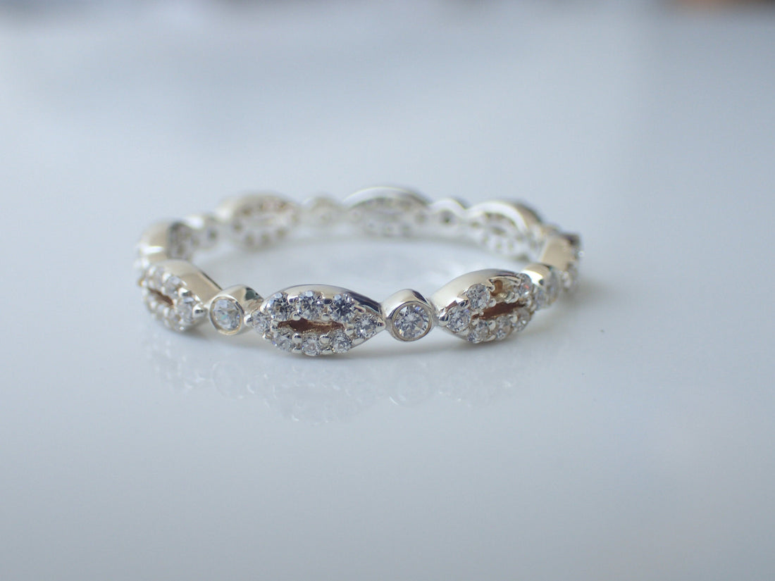 Oval Evil Eye Inspired Moissanite Wedding Band, Solid Gold Full Eternity Ring, Marquise Shaped Evil Eye Moissanite Band