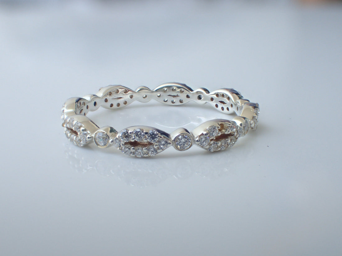 Oval Evil Eye Inspired Moissanite Wedding Band, Solid Gold Full Eternity Ring, Marquise Shaped Evil Eye Moissanite Band