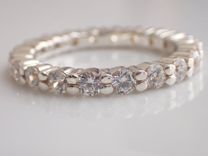 2.0mm Shared Prong Ring, Full Eternity Diamond Wedding Band, 14k Solid Gold Shared Prong Ring, Delicate Stackable Band