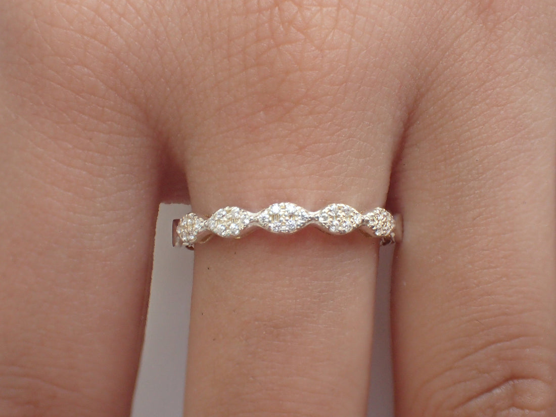 Marquise Shape Diamond Wedding Band, 14k Solid Gold Pave Set Band, Delicate Bridal Band, Diamond Stackable Band