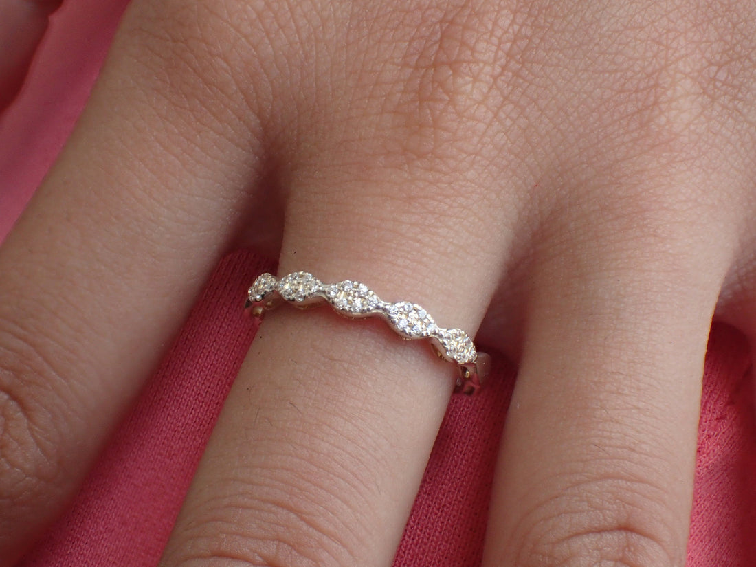 Marquise Shape Diamond Wedding Band, 14k Solid Gold Pave Set Band, Delicate Bridal Band, Diamond Stackable Band