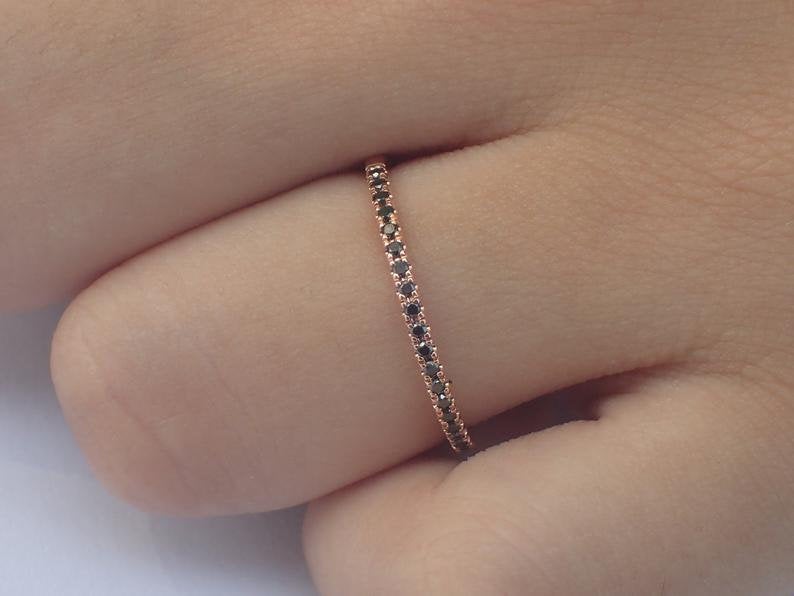 Half Eternity Black Diamond Ring, Pave Diamond Band, Thin Diamond Band, Micro Pave Band, Thin Black Diamond