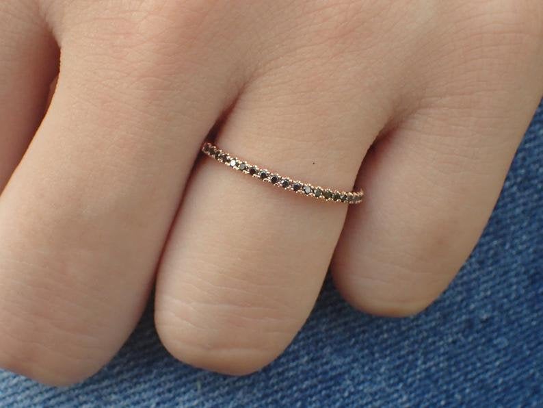 Half Eternity Black Diamond Ring, Pave Diamond Band, Thin Diamond Band, Micro Pave Band, Thin Black Diamond