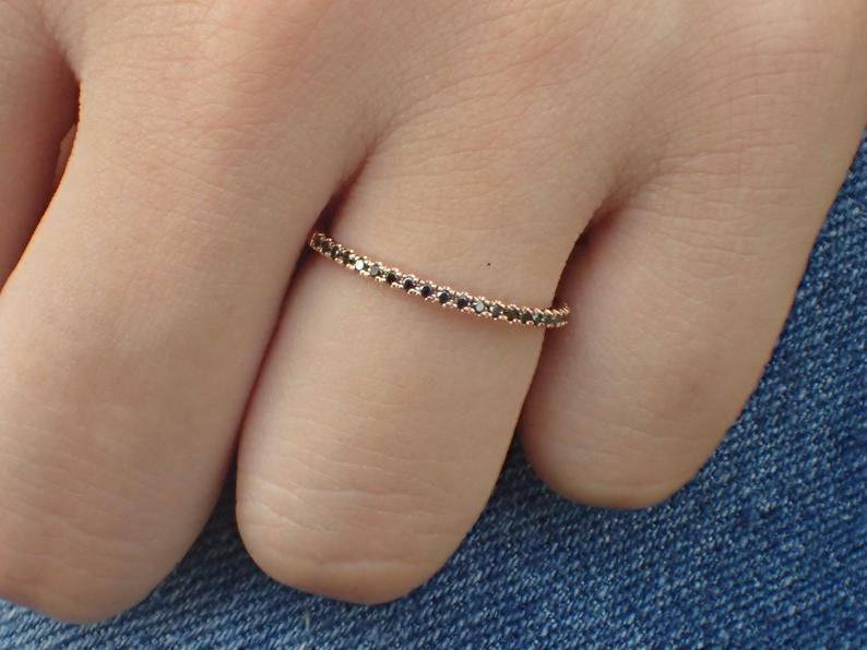 Half Eternity Black Diamond Ring, Pave Diamond Band, Thin Diamond Band, Micro Pave Band, Thin Black Diamond