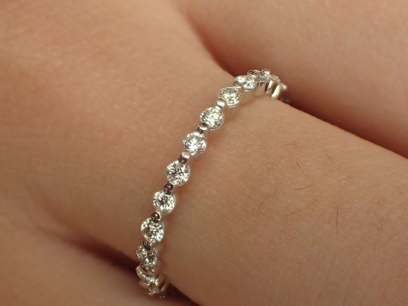 1.8mm Single Prong Moissanite Wedding Band, Solid Gold 3/4 Eternity Band, Delicate Stackable Band, Platinum 950 Band