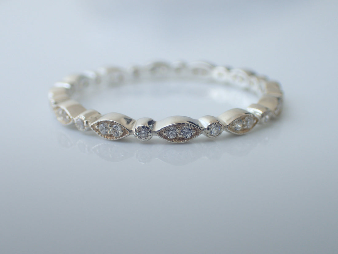 Art Deco Wedding Band, Vintage Inspired Moissanite Wedding Band, Antique Inspired Design, Half Eternity Ring