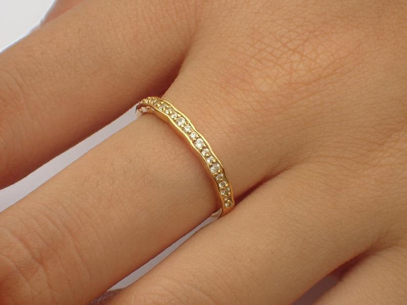 All Shapes White Sapphire Art Deco Bands, 14k Yellow Gold Half Eternity Band, Thin Dainty Stackable Band, Gift for Her